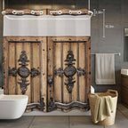 Wood Barn Door No Hook Shower Curtain with Snap in Liner Set, Waterproof Shower Curtains for Bathroom, Wooden Plank Fabric Shower Curtain, See Through Mesh Top Window, 72" W x 78" L