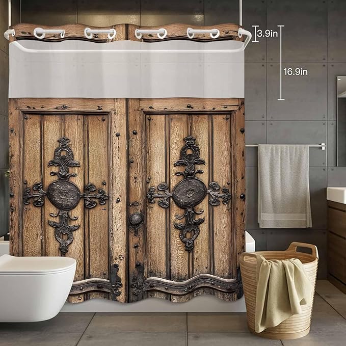 Wood Barn Door No Hook Shower Curtain with Snap in Liner Set, Waterproof Shower Curtains for Bathroom, Wooden Plank Fabric Shower Curtain, See Through Mesh Top Window, 72" W x 78" L