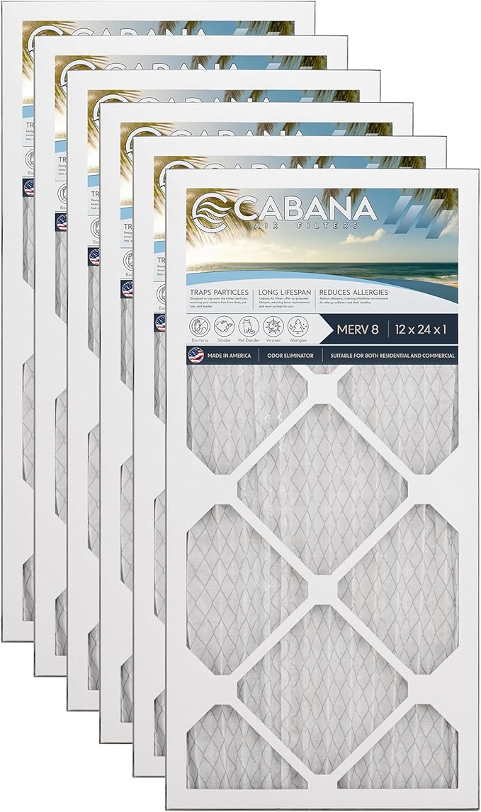 Cabana Filters 6-Pack 12x24x1 MERV 8 AC Furnace Air Filter for Home and Office - Indoor HVAC System Filtration Replacement, Captures Unwanted Particles