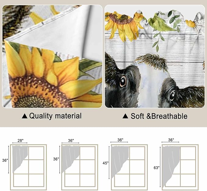 Retro Farmhouse Floral Swag Valances for Windows, Yellow Sunflowers Cows Butterfly Wood Rod Pocket Kitchen Curtains Valance, Small Window Curtains Swag for Cafe Living Room, 2 Panels, 28x36 inch