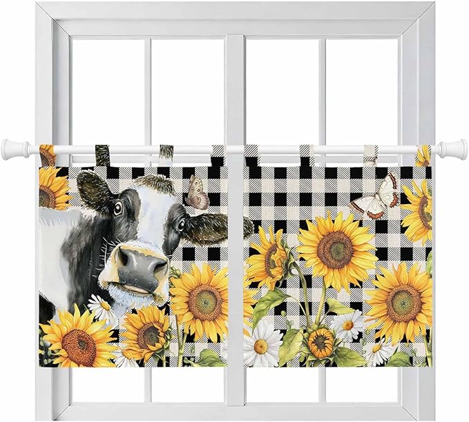 Retro Sunflowers Kitchen Curtains 36 Inch Length, Small Window Curtains Tab Top, Farmhouse Floral Cow Butterfly Black Plaid Light Filtering Short Window Treatments Tier Drapes 27.5"x36" 2 Panel