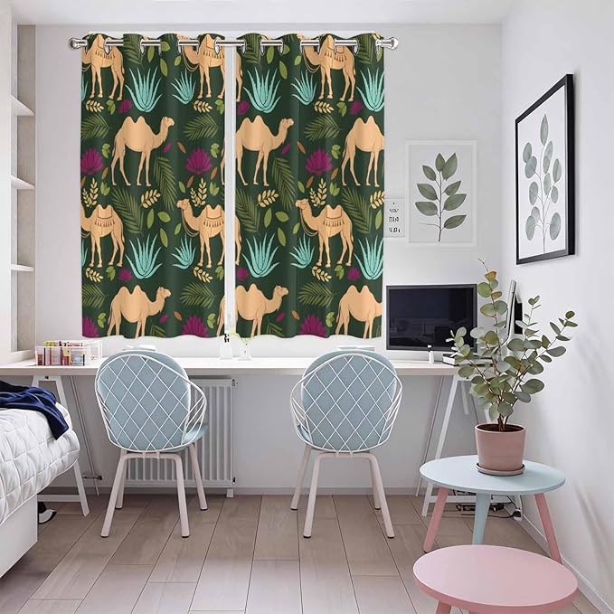 2 Panel Kitchen Cafe Curtains, Retro Desert Camel Sunlight Filtering Nature Air Through, Window Decor Tier Curtains for Living Room 104W x 63L inch Tropical Animal Aloe Vera Leaves Dark Green