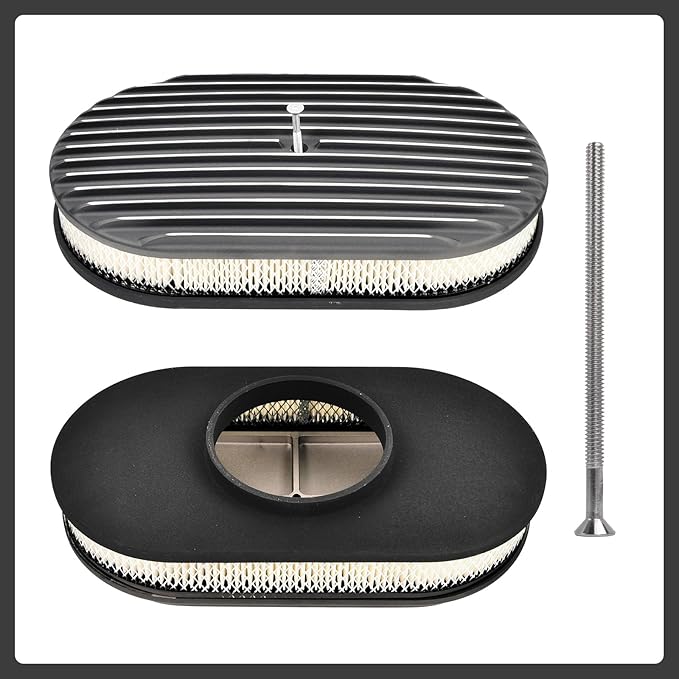 15" Black Aluminum Valve Covers Air Cleaner Kit Oval Full Polished Finned Compatible with Classic Chevy Ford