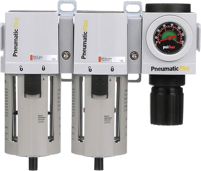 PneumaticPlus PPC4C-N04G StageAir Drying System- Air Particulate 5 Micron Filter, 0.3 Micron Coalescing Filter & Air Pressure Regulator Combo 1/2" NPT,Poly Bowl-Guard, Manual Drain,Embedded Gauge