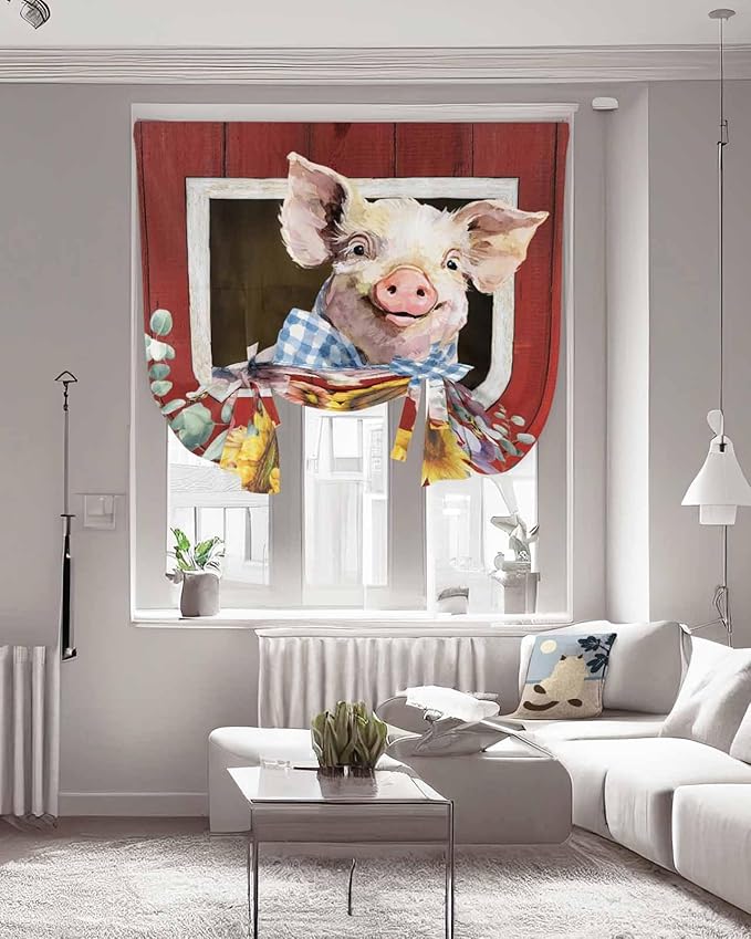 Tie Up Curtains for Windows, Pig Sunflowers Adjustable Balloon Nature Linen Textured Kitchen Curtain, Eucalyptus Leaves Floral Bees Red Barn Blackout Curtains for Living Room, 46 x 63 Inches