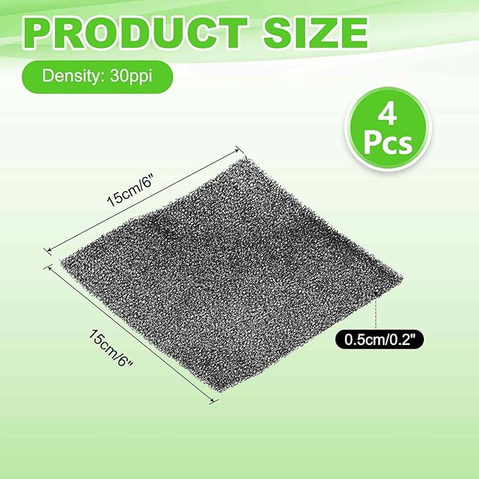 Fan Replacement Filters 4 Pcs Fan Filter Foam Sponge (6" x 6" x 0.2", 30ppi) - Breathable, Soft for Air Compressors Inverter Chassis Vacuum Cleaners