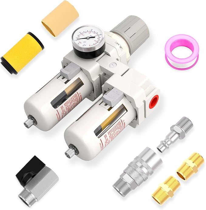 3/8" NPT Air Drying System, Double Air Filters with 150 PSI Gauge and Valve Shut Off Switch for Plasma Cutter and Paint Spray, Manual Drain