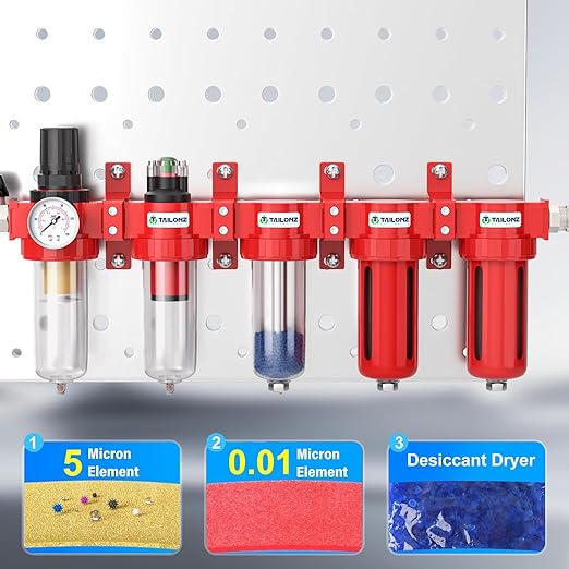 TAILONZ PNEUMATIC 0-150PSI 1/4 Inch NPT Red Industrial Grade 5 Stage Air Drying System, Particulate Filter, Coalescing Filter, Three Desiccant Dryer and Air Regulator (Manual Drainage)
