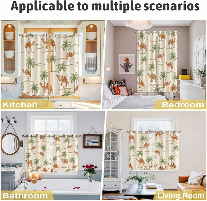 2 Panel Kitchen Cafe Curtains, Date Coconut Tree Sunlight Filtering Nature Air Through, Home Decor Window Covering Tier Curtains for Living Room 104W x 72L inch Desert Camels Botanical Tropical Beige
