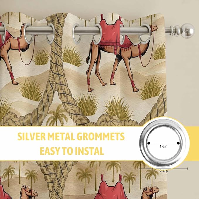 2 Panel Kitchen Cafe Curtains, Desert Camels Sunlight Filtering Nature Air Through, Home Decor Window Covering Tier Curtains for Living Room 80W x 63L inch Tropical Palm Trees Sand Cords Brown