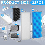 32 Pcs Aquarium Media Kit Compatible with Fluval 206/207 Canister Filter, Including Foam Pad, Water Polishing Pad, Activated Carbon, Ceramic Rings, Mesh Bags, Silicone Lube