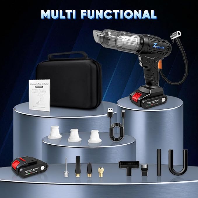 2 in 1 Cordless Car Vacuum and Air Compressor, 5000PA Powerful Suction & 150PSI Auto-Shutoff Tire Inflator, with 3 Filters, LED Light, 45W Fast Charging for Car, Home, Motorcycle, Bicycle, Air Mattres