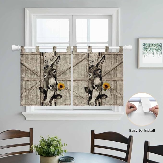 Funny Farm Animals Kitchen Curtains 24 Inch Length, Small Window Curtains Tab Top, Vintage Barn Brown Sunflowers Light Filtering Short Window Treatments Tier Drapes 27.5"x24" 2 Panel