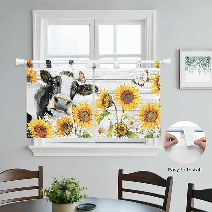 Retro Farmhouse Floral Kitchen Curtains 36 Inch Length, Small Window Curtains Tab Top, Yellow Sunflowers Cows Butterfly Wood Light Filtering Short Window Treatments Tier Drapes 27.5"x36" 2 Panel