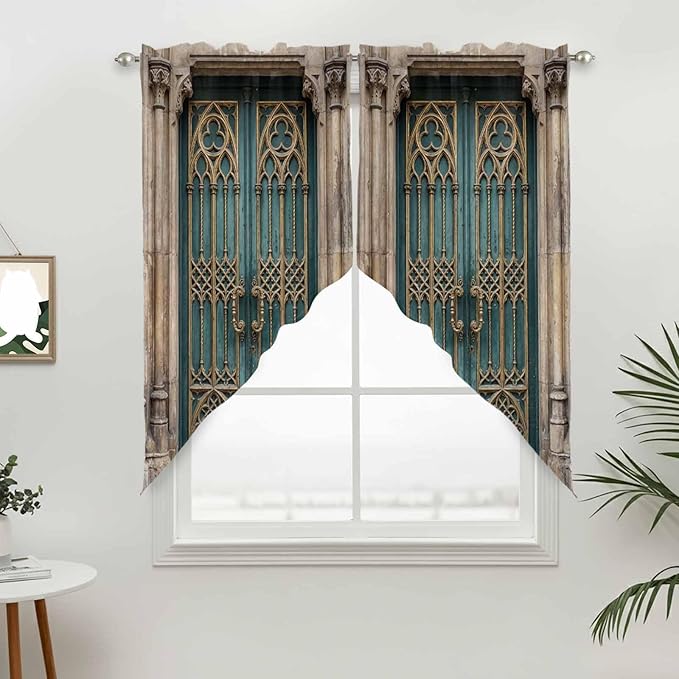 Turquoise Vintage Door Swag Valances for Windows, Countryside Barn Abstract Art Rod Pocket Kitchen Curtains Valance, Small Window Curtains Swag for Cafe Bathroom Living Room, 2 Panels, 36x36 inch