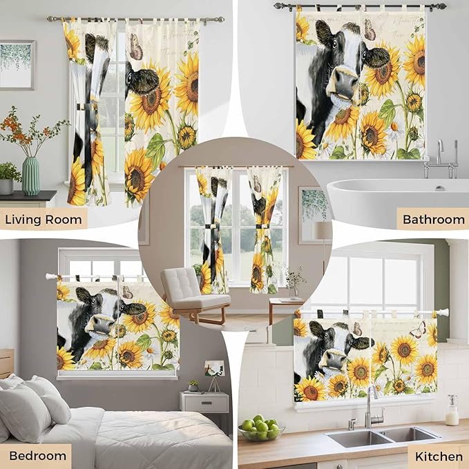 Yellow Sunflowers Kitchen Curtains 24 Inch Length, Small Window Curtains Tab Top, Country Cow Flower Butterfly Farmhouse Cream Light Filtering Short Window Treatments Tier Drapes 27.5"x24" 2 Panel