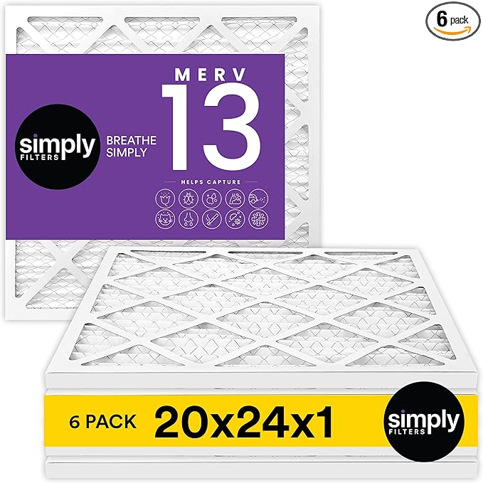 Simply 20x24x1 Air Filter, Merv 13, 6 Pack, For Home AC Furnace & HVAC (Actual Size: 19.75"x23.75"x0.75") DUST, Pet, & Allergy Control