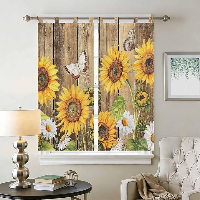 Farmhouse Sunflowers Living Room Curtains 84 Inch Length, Window Curtains Tab Top, Rustic Floral Buttterfly Wood Board Brown Light Filtering Window Treatments Drapes 42"x84" 2 Panel
