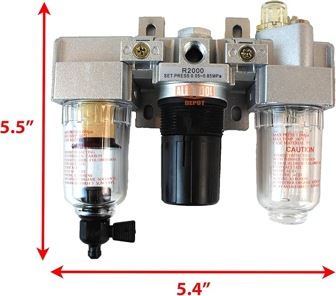 1/4" NPT Mini Compressed Air In Line Filter Regulator Lubricator Oiler Combo, Poly Bowl And Metal Body, 5 Micron Element, Adjustable From 7 to 140 PSI (MANUAL DRAIN)