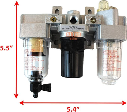 1/4" NPT Mini Compressed Air In Line Filter Regulator Lubricator Oiler Combo, Poly Bowl And Metal Body, 5 Micron Element, Adjustable From 7 to 140 PSI (MANUAL DRAIN)