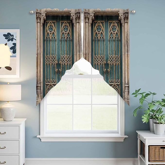 Turquoise Vintage Door Swag Valances for Windows, Countryside Barn Abstract Art Rod Pocket Kitchen Curtains Valance, Kitchen Window Curtains Swag for Cafe Bathroom Living Room, 2 Panels, 36x63 inch