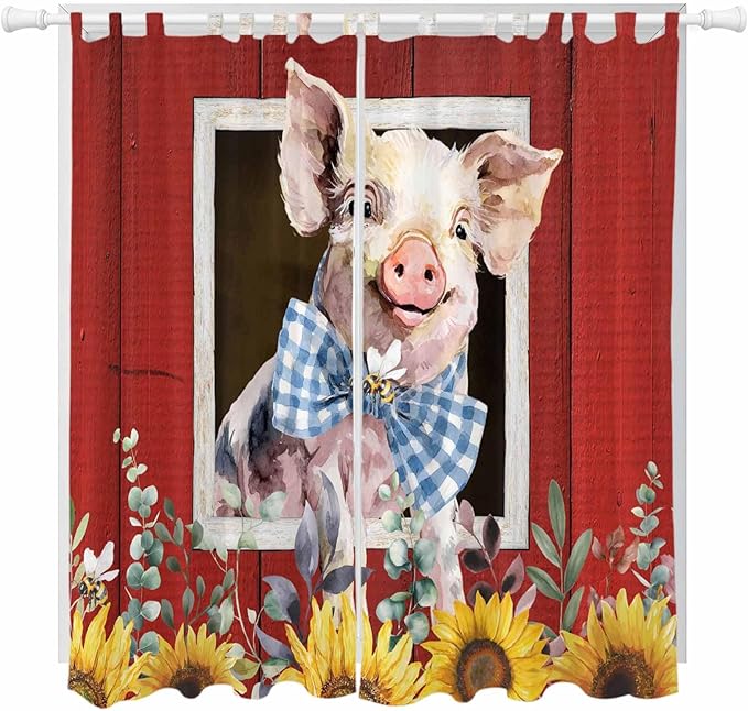 Pig Sunflowers Living Room Curtains 84 Inch Length, Window Curtains Tab Top, Eucalyptus Leaves Floral Bees Red Barn Light Filtering Window Treatments Drapes 52"x84" 2 Panel