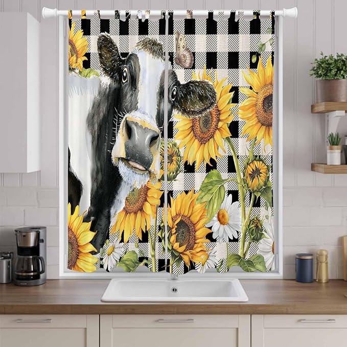 Retro Sunflowers Living Room Curtains 84 Inch Length, Window Curtains Tab Top, Farmhouse Floral Cow Butterfly Black Plaid Light Filtering Window Treatments Drapes 52"x84" 2 Panel