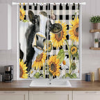 Retro Sunflowers Living Room Curtains 84 Inch Length, Window Curtains Tab Top, Farmhouse Floral Cow Butterfly Black Plaid Light Filtering Window Treatments Drapes 52"x84" 2 Panel