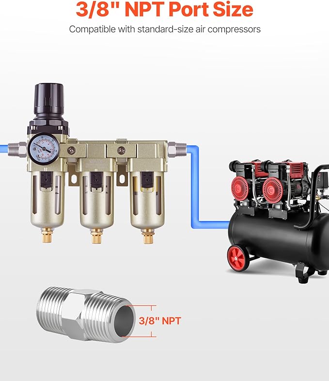 VEVOR Air Compressor Filter Regulator, 3/8" NPT 3-Stage Air Compressor Water Separator with 5μm/1μm/0.01μm Micron Filter Elements, Semi Auto Drain Air-Drying System 145PSI Max Pressure, Poly Bowl