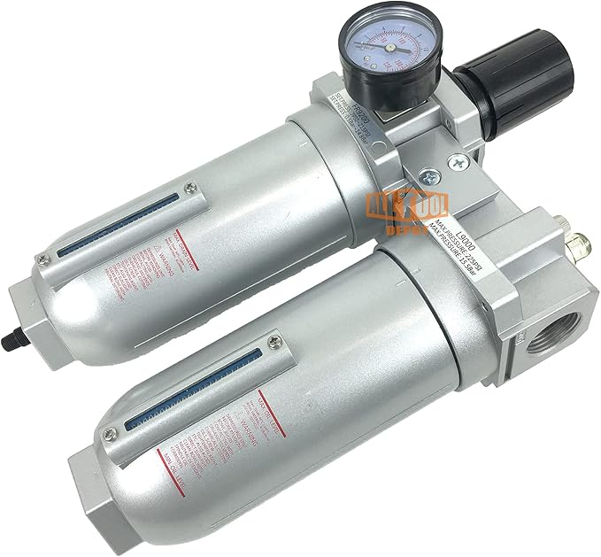 1" NPT SUPER DUTY Compressed Air In Line Filter Regulator Lubricator Oiler Combo Piggyback, Metal Bowl, 5 Micron Element, Adjustable From 7 to 175 PSI (AUTO DRAIN)