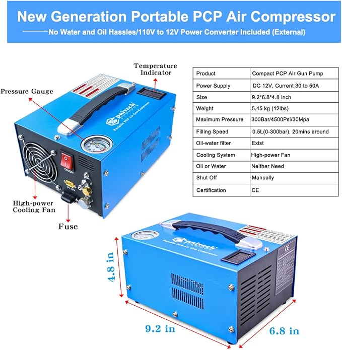 PCP Air Compressor, Portable 4500Psi/30Mpa, Water/Oil-Free, PCP Rifle/Pistol and Paintball Tank Air Pump, Powered by 12V Car DC or Home 110V AC with Power Converter and Oil-Moisture Filter