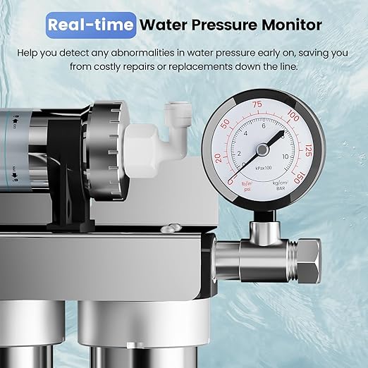 Vortopt Under Sink Water Filtration System-NSF&CEC Certified,Stainless Steel Water Filter, Real-time Pressure Gauge,0.01μm Kitchen Undersink Water Filtration,Retain Beneficial Minerals,U1(5 Filters)