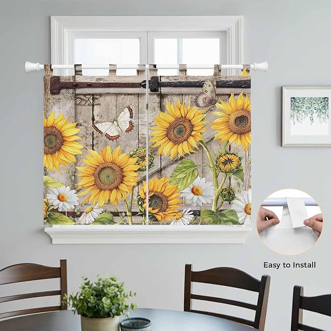 Farmhouse Sunflowers Bedroom Curtains 63 Inch Length, Window Curtains Tab Top, Rustic Barn Doors Flowers Butterfly Wooden Light Filtering Window Treatments Drapes 42"x63" 2 Panel
