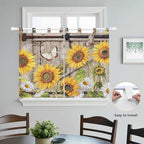 Farmhouse Sunflowers Kitchen Curtains 45 Inch Length, Short Cafe Window Curtains Tab Top, Rustic Barn Doors Flowers Butterfly Wooden Light Filtering Window Treatments Tier Drapes 27.5"x45" 2 Panel