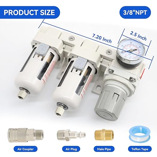 3/8"-Air-Dryer-for-Compressor - Double Air Filters Drying-System, Semi-Auto Drain Pressure Regulator Combo