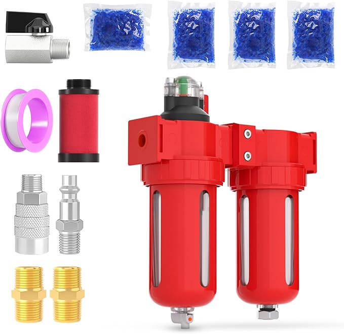 1/4" NPT Aluminium Air Drying System, Coalescing Filter, Desiccant Dryer and Air Regulator, Manual Drain, with 150 PSI Gauge and Valve Shut Off Switch for Plasma Cutter and Paint Spray