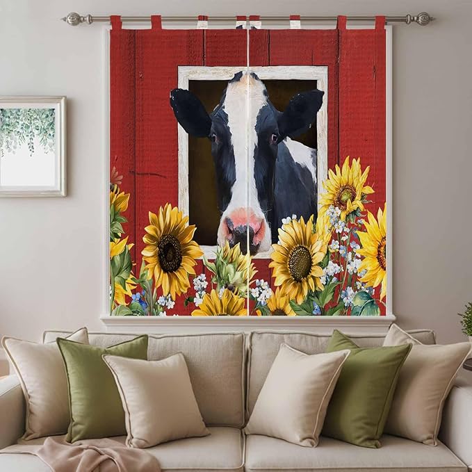 Cow Sunflowers Bedroom Curtains 72 Inch Length, Window Curtains Tab Top, Botanical Floral Leaves Bees Farm Barn Light Filtering Window Treatments Drapes 52"x72" 2 Panel