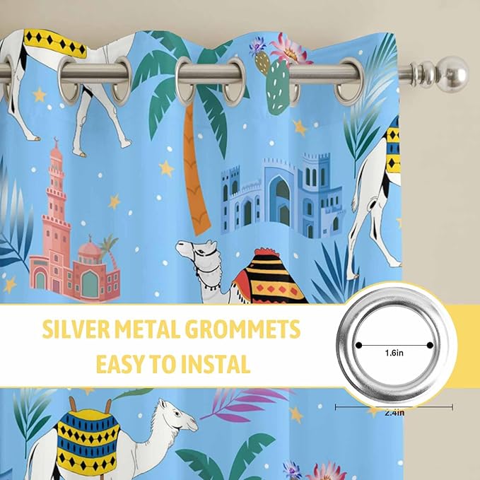 2 Panel Kitchen Cafe Curtains, Desert Landscape Sunlight Filtering Nature Air Through, Home Decor Window Covering Tier Curtains for Living Room 55W x 39L inch Cute Camels Palm Trees Houses Leaves Blue