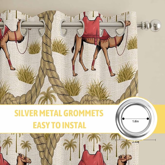 2 Panel Kitchen Cafe Curtains, Camels Palm Trees Sunlight Filtering Nature Air Through, Window Decor Tier Curtains for Living Room 104W x 90L inch Desert Date Coconut Trees Leaves Cords Beige