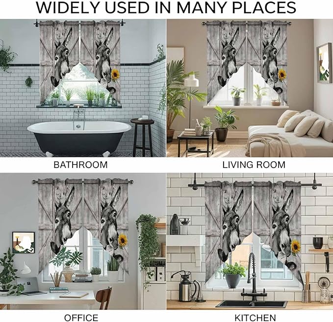 Funny Farm Animals Swag Valances for Windows, Vintage Barn Grey Sunflowers Rod Pocket Kitchen Curtains Valance, Small Window Curtains Swag for Cafe Bathroom Living Room, 2 Panels, 36x36 inch