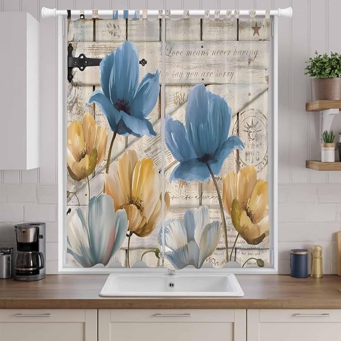 Blue Yellow Tulips Living Room Curtains 84 Inch Length, Window Curtains Tab Top, Retro Farmhouse Flower Barn Doors Wooden Light Filtering Window Treatments Drapes 52"x84" 2 Panel