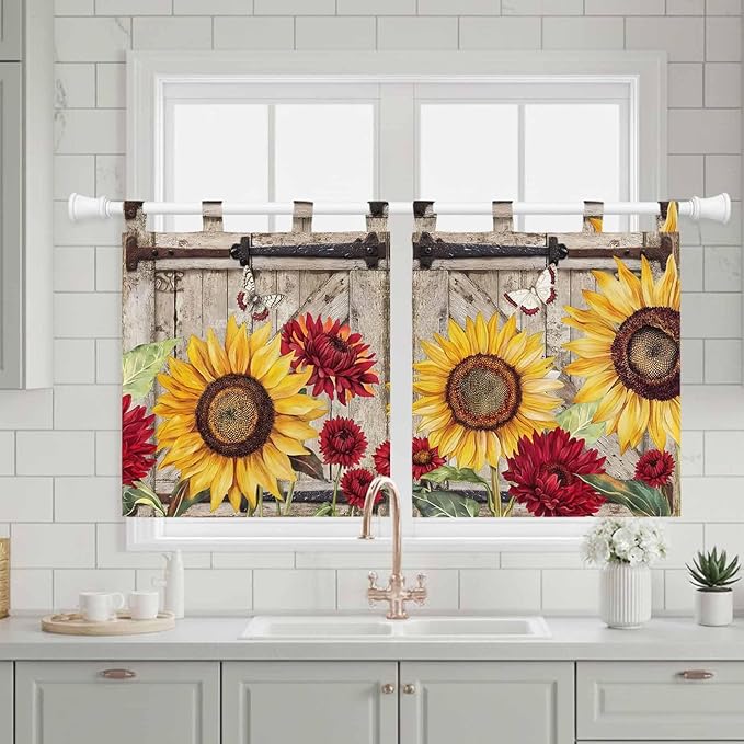 Sunflowers Kitchen Curtains 36 Inch Length, Small Window Curtains Tab Top, Retro Flower Barn Doors Butterfly Farmhouse Brown Light Filtering Short Window Treatments Tier Drapes 27.5"x36" 2 Panel