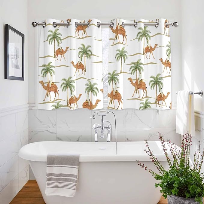 2 Panel Kitchen Cafe Curtains, Desert Camels Sunlight Filtering Nature Air Through, Home Decor Window Covering Tier Curtains for Bedroom Living Room 104W x 52L inch Tropical Date Palm Trees Animal