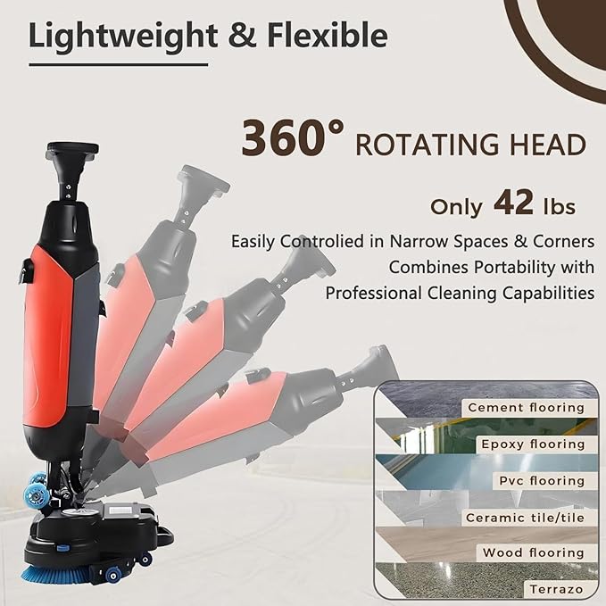Rechargeable Floor Cleaner and Wet Dry Floor Machine, 17" Commercial Floor Scrubber, Dual-Brush Heads, Cordless Electric Floor Mop Cleaning Capacity 13000 Sqft/H, for Villa Hospital Office White