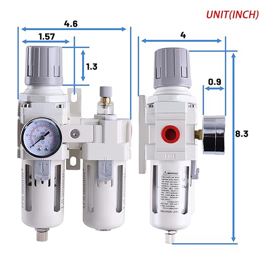 3/8 Inch NPT Compressed Air Filter Regulator Lubricator Combo, Water Oil Trap Separator, Semi-Auto Drain, Air Pressure Regulator AC3010-3, 0-150 PSI Gauge
