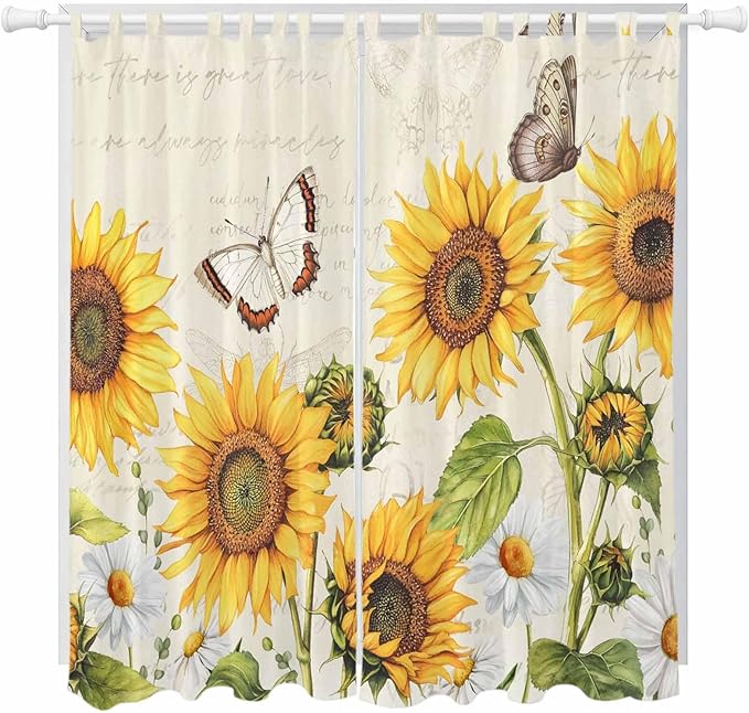 Farm Sunflowers Living Room Curtains 96 Inch Length, Window Curtains Tab Top, Retro Flowers Butterfly Botanical Beige Light Filtering Window Treatments Drapes 52"x96" 2 Panel