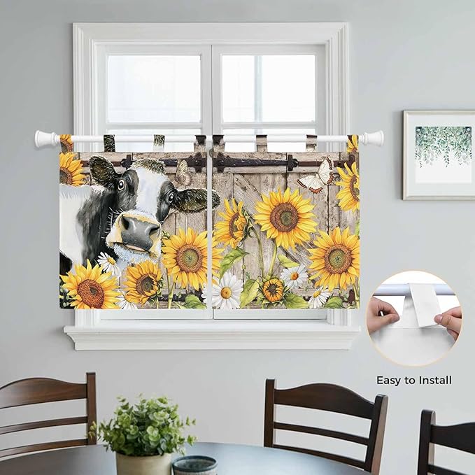 Retro Farmhouse Flower Kitchen Curtains 36 Inch Length, Small Window Curtains Tab Top, Yellow Sunflowers Cow Barn Doors Brown Light Filtering Short Window Treatments Tier Drapes 27.5"x36" 2 Panel