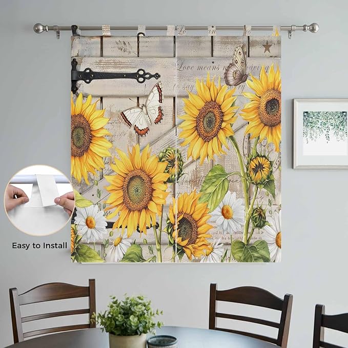 Farm Flowers Bathroom Curtains 63 Inch Length, Window Curtains Tab Top, Retro Sunflowers Barn Doors Butterfly Wood Board Light Filtering Window Treatments Drapes 52"x63" 2 Panel