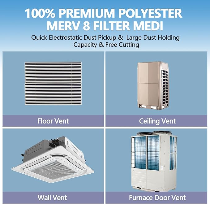 12" x 90" Air Vent Filters, with 48Pcs Adhesive Hook Tape, Cut to Size Air Filter Material HVAC Furnace Filters Kit MERV 8 Triple Vent Filter for Home Floor Register, Ceiling, Grilles