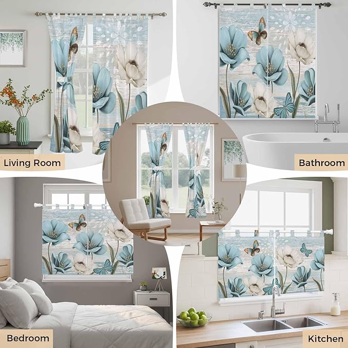 Spring Floral Kitchen Curtains 24 Inch Length, Small Window Curtains Tab Top, Vintage Tulips Flower Butterfly Retro Wood Blue Light Filtering Short Window Treatments Tier Drapes 27.5"x24" 2 Panel